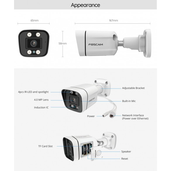 Foscam V4EC Telecamera da Esterno POE 2K Starlight con Visione Notturna a Colori