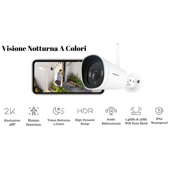 Foscam G4C Telecamera di Sicurezza Wireless 2K Starlight con Visione Notturna a Colori e Rilevamento Intelligente Umani - Compatibile con Alexa