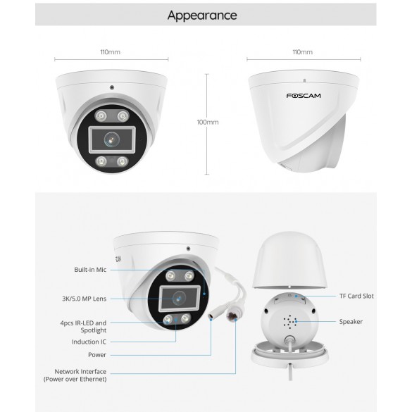 [ RICONDIZIONATA ] Foscam T5EP Telecamera IP PoE da 5MP, rilevamento veicoli, audio bidirezionale e allarme sonoro e luminoso colore Bianco